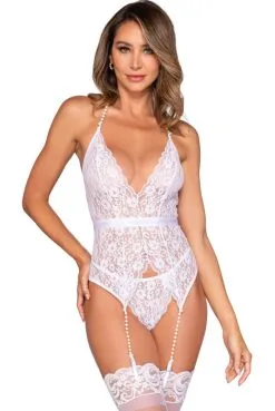 Guêpière Dentelle Blanche Jarretelles Perles