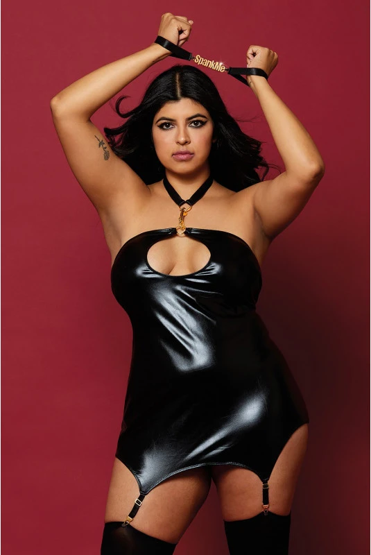 Guépière Fetish Simili Cuir Jarretelles Et Menottes Grande Taille – Image 2