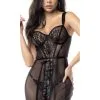 Guêpière Longue Résille Devant Laçage Corset Ajustable Et String