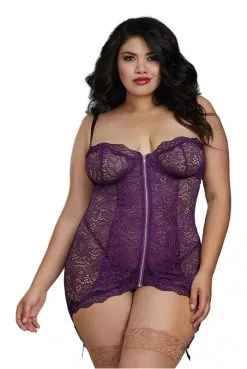 Guépière Prune Grande Taille Avec Zip Et Jarretières