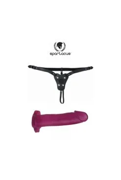 Harnais Cuir Et Gode Rose 17,5 Cm
