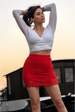 Jupe Courte Jupon Dentelle Florale Rouge Camélia