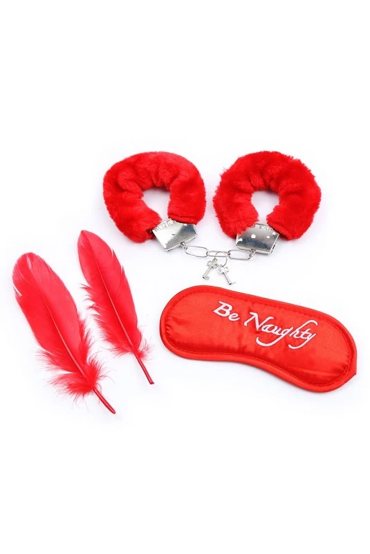 Kit Coquin 4 Pièces Menottes Plumes Masque Rouge