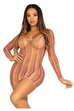 Mini Robe Arc En Ciel Manches Longues Résille Zig Zag