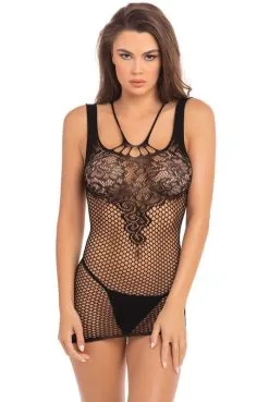 Mini Robe Noire En Résille Et Dentelle