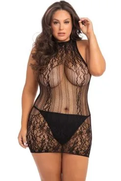 Mini Robe Noire Grande Taille Résille Et Dentelle Ras De Cou