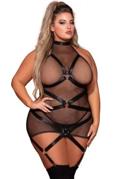 Mini Robe Résille Fetish Grande Taille Noire Harnais à Anneaux