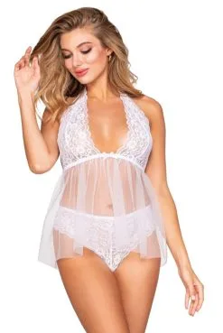 Nuisette Blanche Babydoll Dentelle Et Résille Culotte String