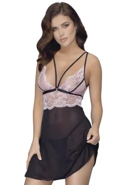 Nuisette Classique Résille Noire Et Dentelle Rose String Noir