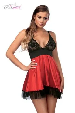 Nuisette Dentelle Et Satin Rouge Et Noir Lisbeth