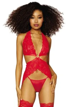 Nuisette Dentelle Rouge à Jarretelles Chainette Dorée Amovibles Et String