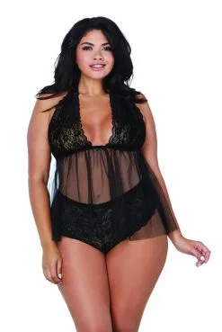 Nuisette Grande Taille Noire Babydoll Dentelle Et Résille Culotte String