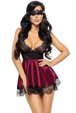 Nuisette Grenat BabyDoll Eve Et Masque Beauty Night