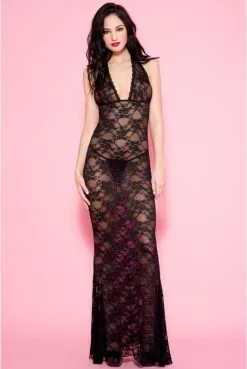 Nuisette Longue Déshabillé Dentelle Florale Noire