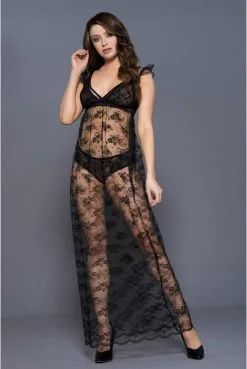 Nuisette Longue Noire Dentelle Florale