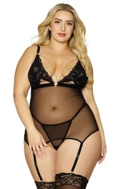 Nuisette Sexy Grande Taille En Dentelle Et Résille Noire Chainette Dorée Amovible à Jarretelles Et String