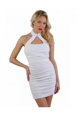 Robe Blanche ClubWear Wetlook Décolleté Avec Bijou