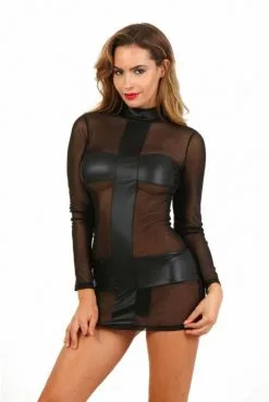 Robe Courte Fetish Micro Résille Transparente Noir Et Wetlook