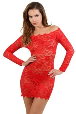 Robe Lingerie Dentelle Rouge Manches Longues Spazm