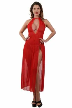 Robe Longue Déshabillé Transparent Rouge