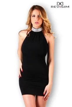 Robe Moulante Noire Col Strass Sexy Chic