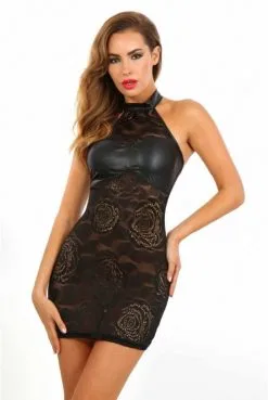 Robe Sexy Chic Dentelle Noir Wetlook Dos Nu