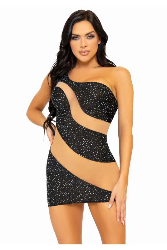 Robe Sexy Noire Asymétrique En Spandex Ornée De Strass