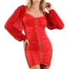Robe Simili Cuir Sexy Chic Rouge Manche Longue Voile