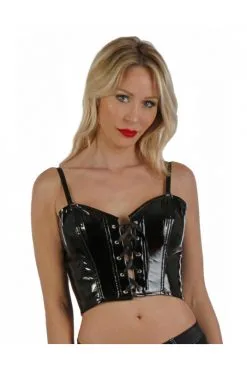 Top Corset Noir Sexy En Vinyle Lacé Dos